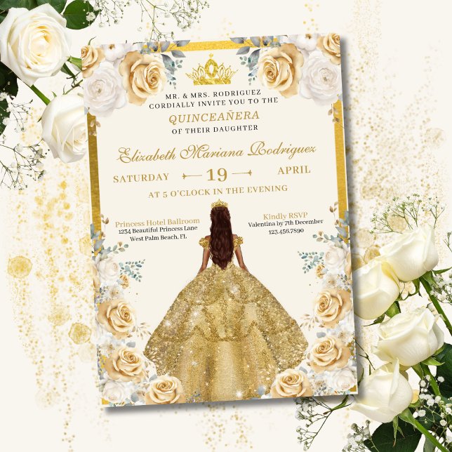 Gold Champagne Dress Tiara Princess Quinceanera Invitation (Creator Uploaded)