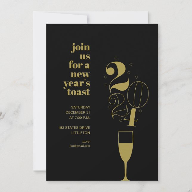 Gold Champagne Glass 2024 New Year's Eve Party Invitation (Front)