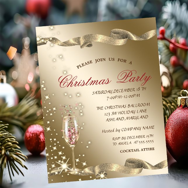  Gold Champagne Glass Corporate Christmas Party Invitation (Creator Uploaded)
