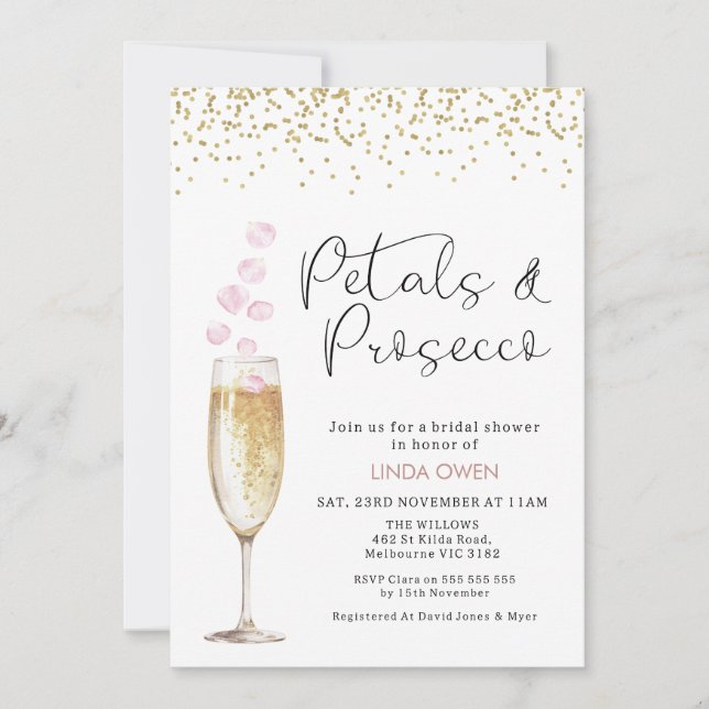 Gold Champagne Glass Rose Petals Bridal Shower Invitation (Front)