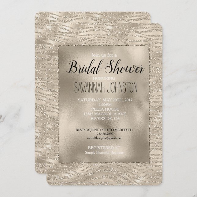 Gold Champagne Glitter Zebra Print Bridal Shower Invitation (Front/Back)
