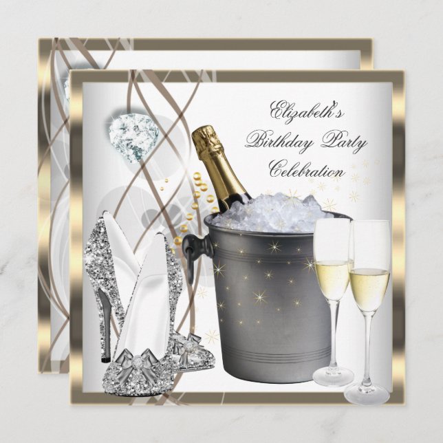 Gold Champagne High Heels Elegant Silver Birthday Invitation (Front/Back)