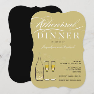 Gold Champagne Rehearsal Dinner Party Invite