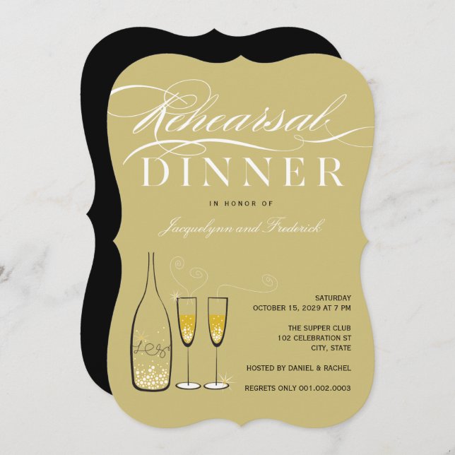 Gold Champagne Rehearsal Dinner Party Invite (Front/Back)