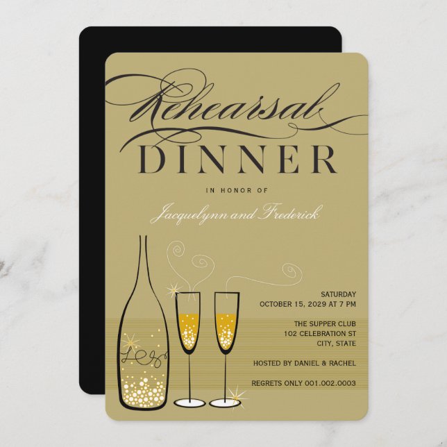 Gold Champagne Rehearsal Dinner Party Invite (Front/Back)