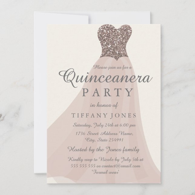 Gold Champagne Shimmer Glitter Gown Quinceanera Invitation (Front)