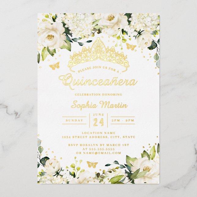 Gold Champagne White Floral Quinceanera  (Front)