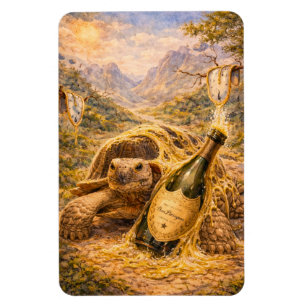 Gold champgane and melting clocks birthday turtle magnet