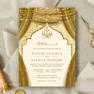 Gold Chandelier Curtain Cream Muslim Wedding Invitation