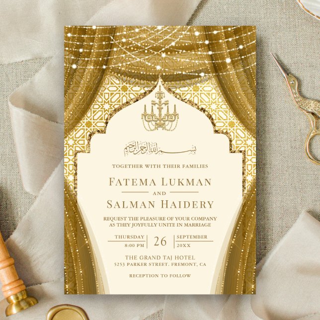 Gold Chandelier Curtain Cream Muslim Wedding Invitation (Creator Uploaded)