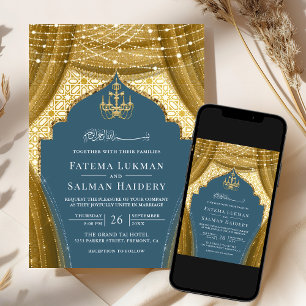 Gold Chandelier Curtain Dusty Blue Muslim Wedding Invitation