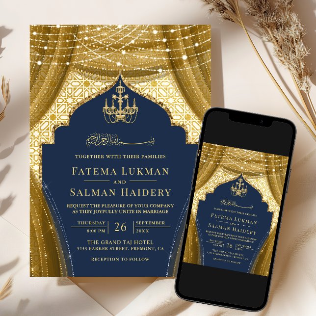 Gold Chandelier Curtain Navy Blue Muslim Wedding Invitation (Creator Uploaded)