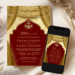 Gold Chandelier Curtain Red Muslim Wedding Invitation