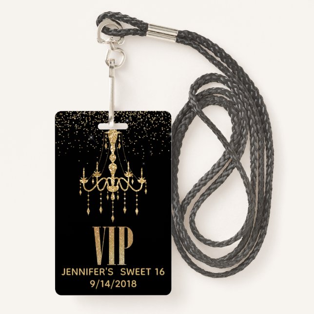 Gold Chandelier Sweet 16 Party VIP Badge ID Badge (Front with Lanyard)