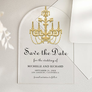 Gold Chandelier Wedding Save the Date Acrylic Invitations