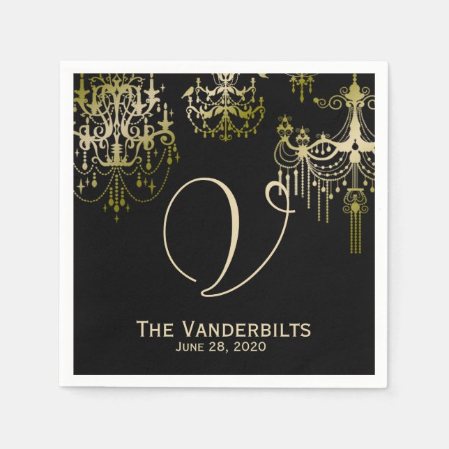 Gold chandeliers on Black Posh Wedding Napkins (Front)