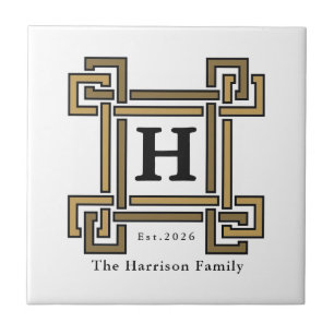 Gold Charcoal Greek Key Monogram Family Crest Ceramic Tile