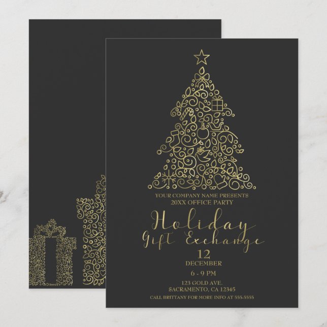 Gold & Charcoal Holiday Tree Gift Exchange Party Invitation (Front/Back)