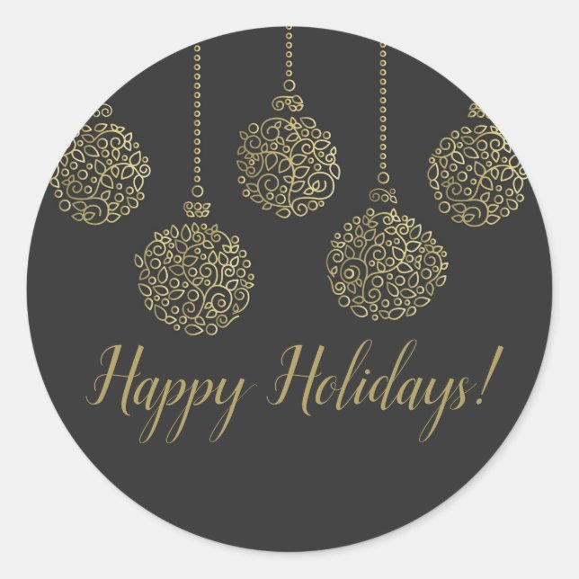 Gold & Charcoal Ornaments Elegant Holiday Party Classic Round Sticker (Front)