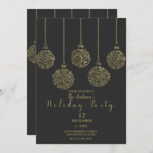 Gold & Charcoal Ornaments Elegant Holiday Party Invitation