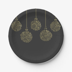 Gold & Charcoal Ornaments Elegant Holiday Party Paper Plate