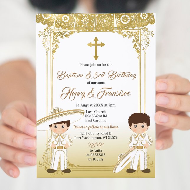 Gold Charro Mexican Twin Baptism & Third Birthday Invitation (Creator Uploaded)