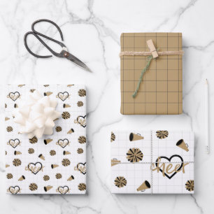 Gold Cheer Hearts, Pom Poms, Megaphone Pattern Wrapping Paper Sheet