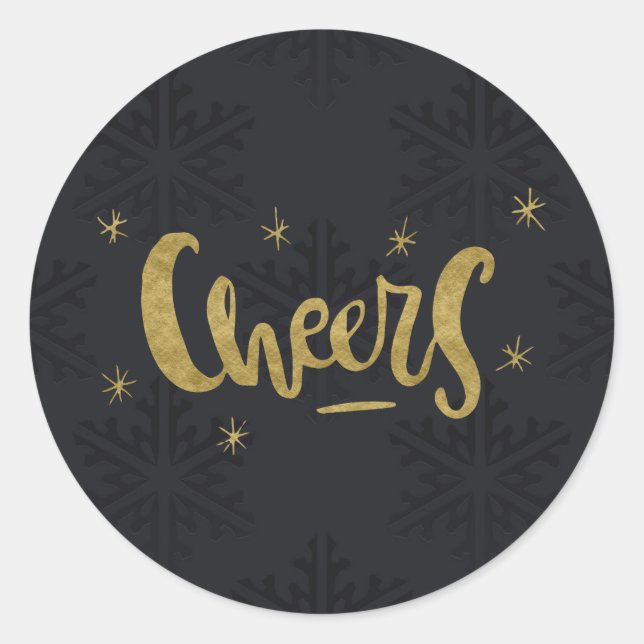 Gold CHEER Modern Holiday Winter Black Snowflakes Classic Round Sticker (Front)