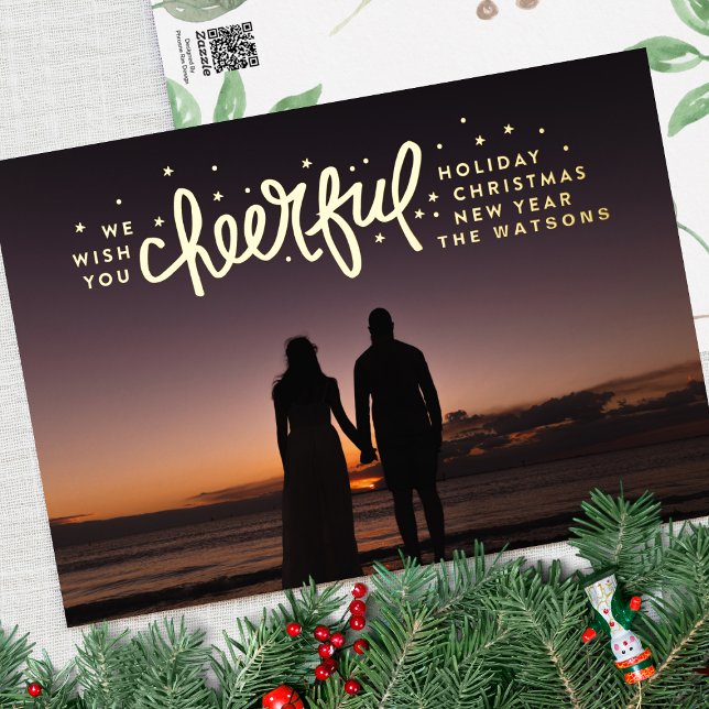 Gold Cheerful Stars PHOTO Christmas Greeting Foil Holiday Card (Creator Uploaded)