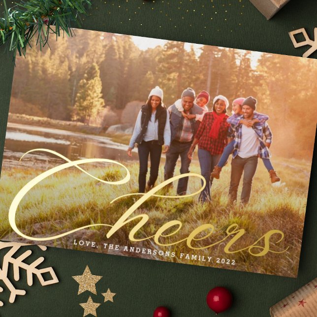 Gold Cheers | Christmas Classic Family Photo Foil Holiday Card (Creator Uploaded)