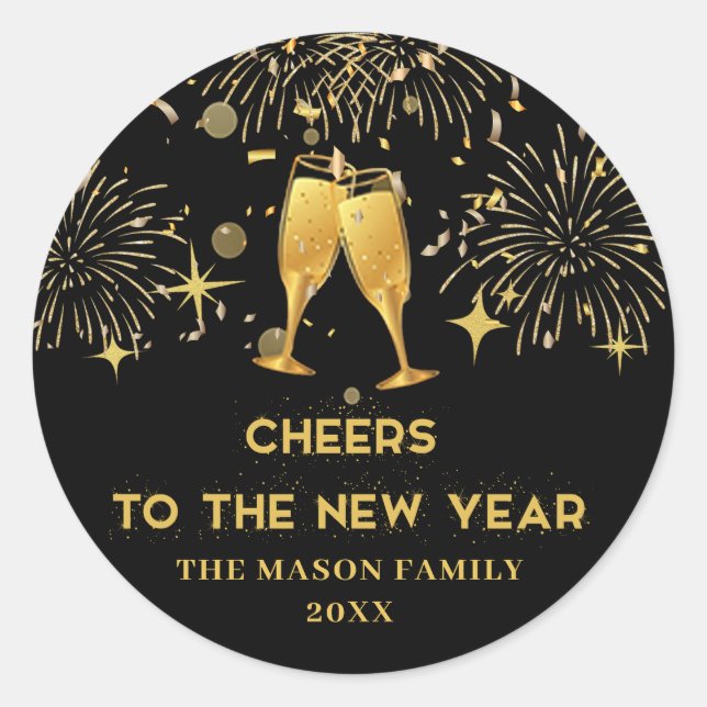 Gold Cheers New Years Eve Party Classic Round Sticker (Front)