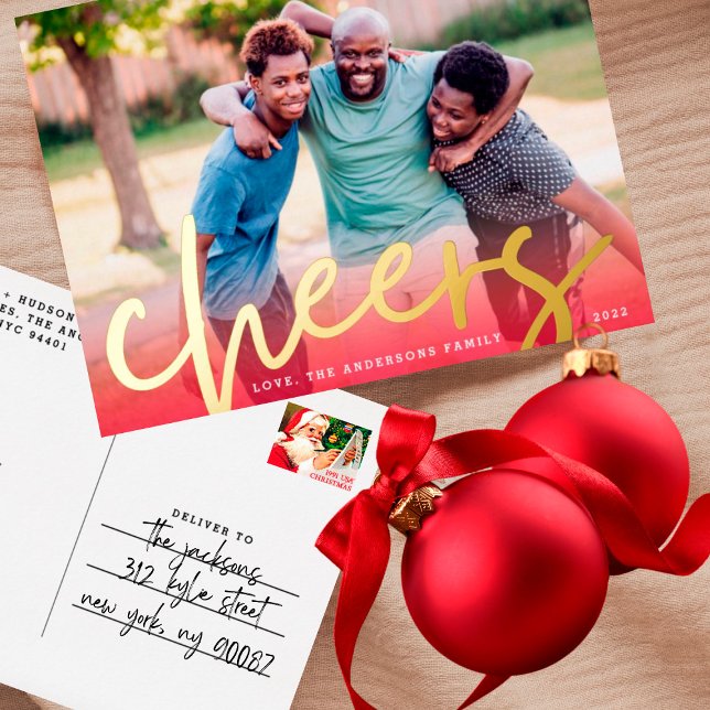 GOLD CHEERS | Red Gradient Merry Christmas Photo Foil Holiday Postcard (Creator Uploaded)