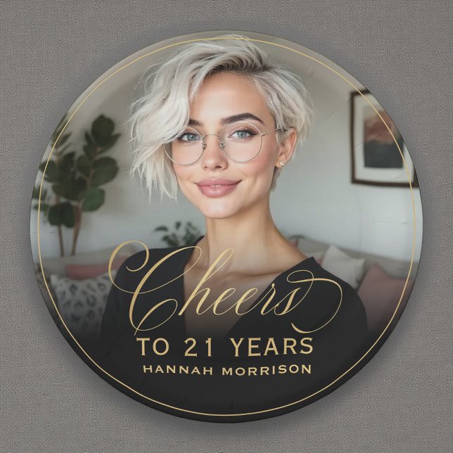 Gold Cheers to 21 Years Custom Photo Birthday Paper Plate (Creator Uploaded)