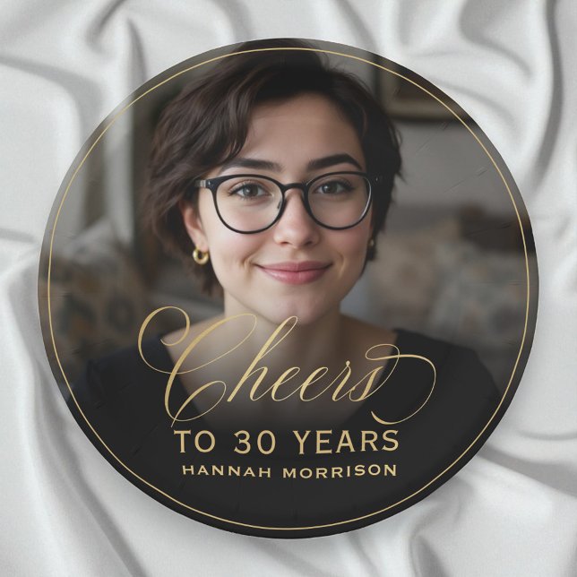 Gold Cheers to 30 Years Custom Photo Birthday Paper Plate (Creator Uploaded)