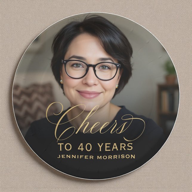 Gold Cheers to 40 Years Custom Photo Birthday Paper Plate (Creator Uploaded)