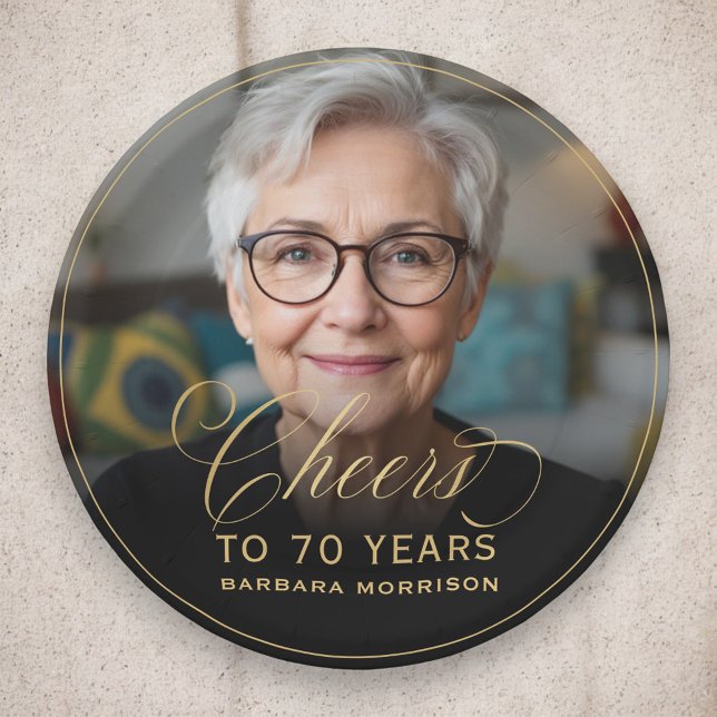 Gold Cheers to 70 Years Custom Photo Birthday Paper Plate (Creator Uploaded)