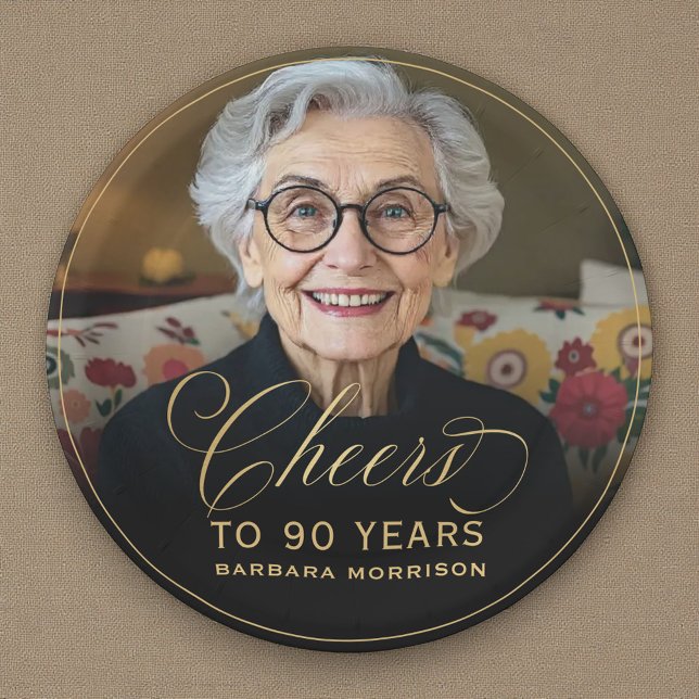 Gold Cheers to 90 Years Custom Photo Birthday Paper Plate (Creator Uploaded)