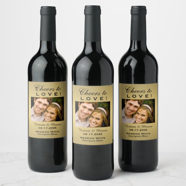 Gold Cheers to Love Wedding Photo Bottle Favour Wine Label (Bottles)