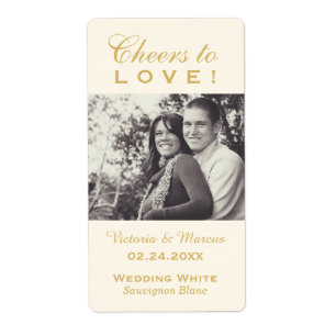 Gold Cheers to Love Wedding Photo Wine Bottle
