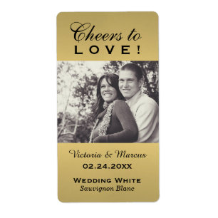 Gold Cheers to Love Wedding Photo Wine Bottle