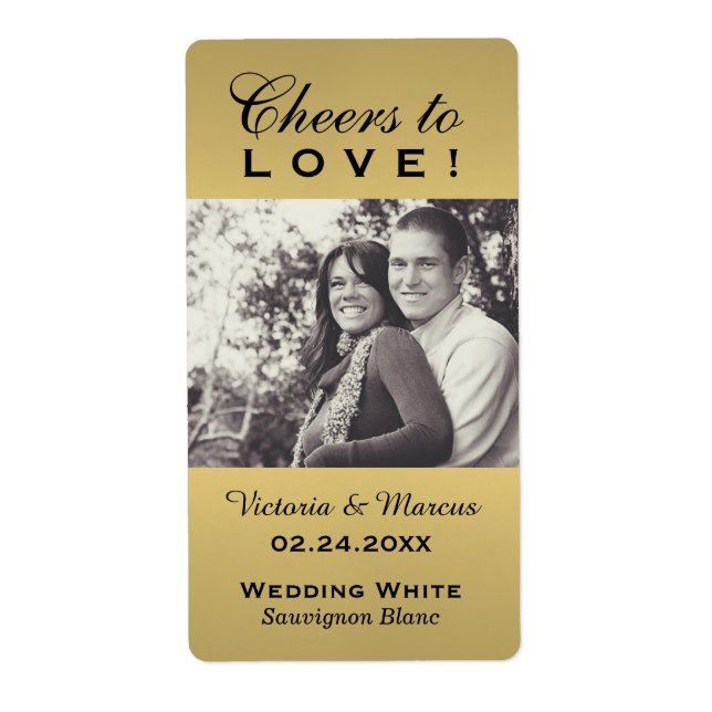 Gold Cheers to Love Wedding Photo Wine Bottle (Front)