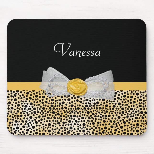 Gold Cheetah Print Glam Bow Black Yellow Pattern Mouse Pad (Front)
