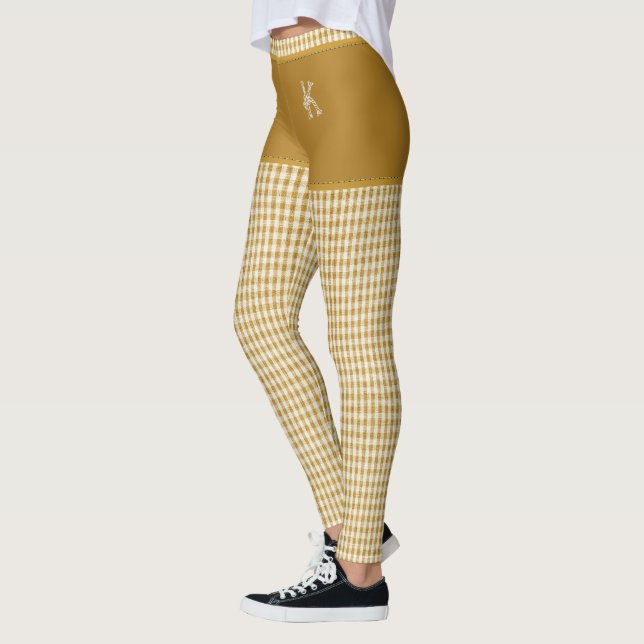 Gold Chequered Fabric Print Monogram Personalised Leggings (Left)