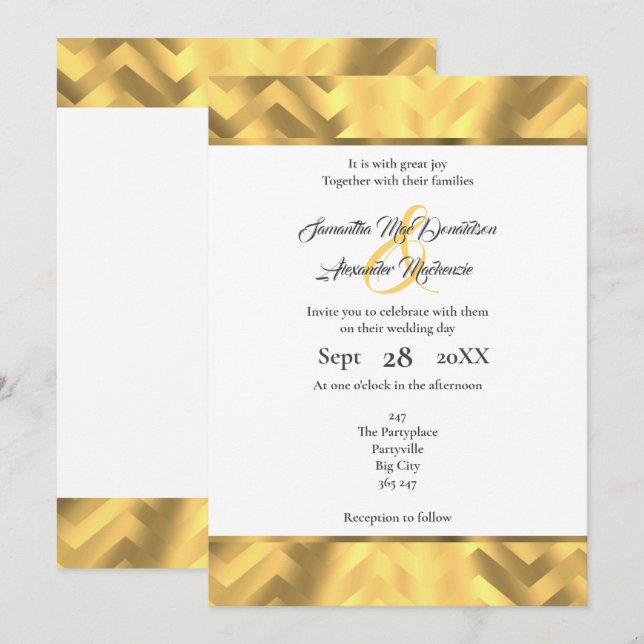Gold chevron border wedding invitation (Front/Back)