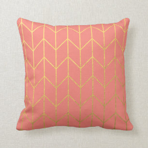 Gold Chevron Coral Pink Background Modern Chic Cushion