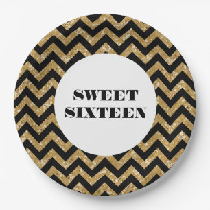 Gold Chevron Glitter Sweet 16 Paper Plates