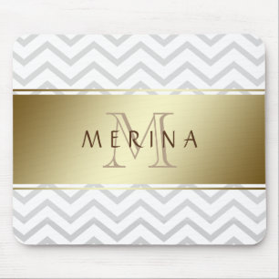 Gold Chevron Grey Pattern Monogram Personalise Mouse Pad