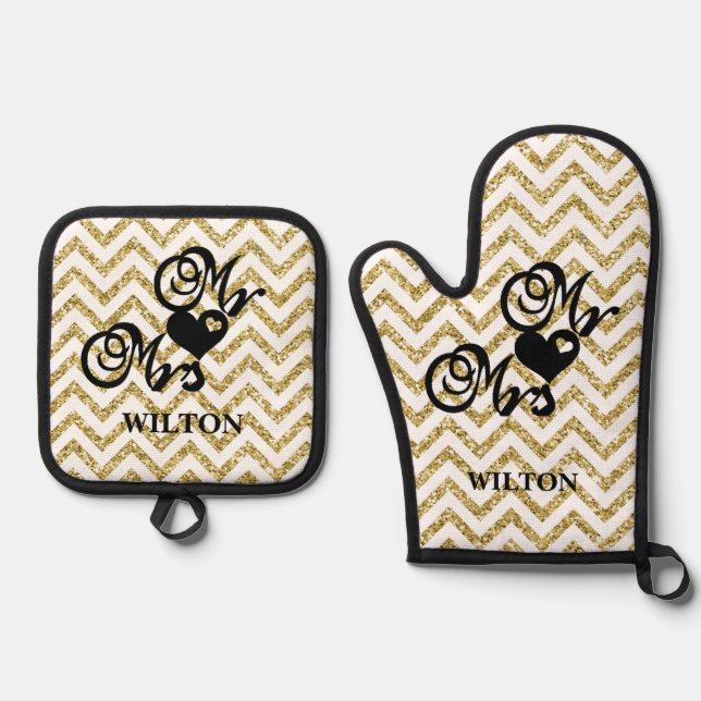 Gold Chevron Mr. & Mrs. Hearts Monogram  Oven Mitt & Pot Holder Set (Front)