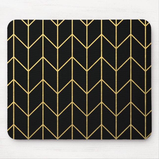 Gold Chevron on Black Background Modern Chic Mouse Pad (Front)