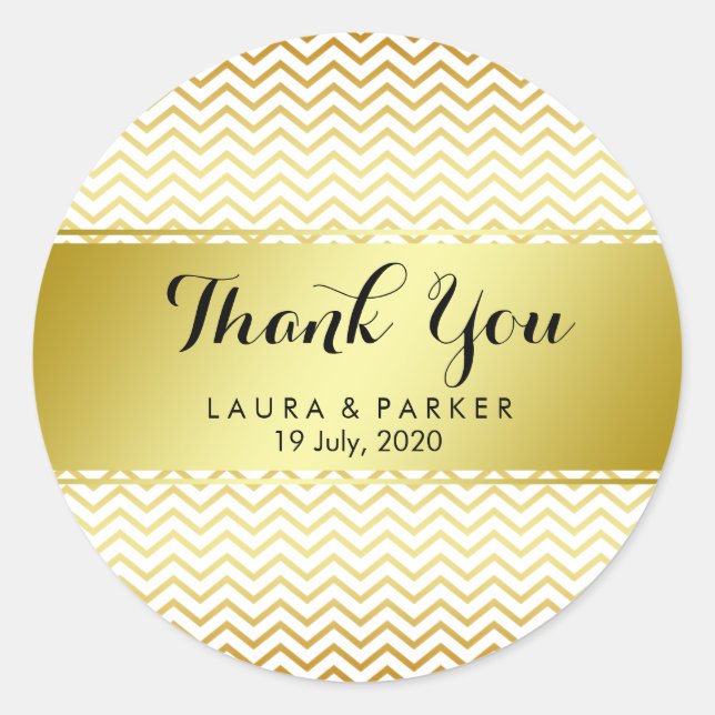 Gold Chevron Pattern Glitter Thank You Wedding Classic Round Sticker (Front)